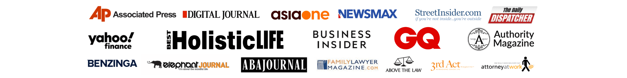 banner displaying featured publications like GQ, NEWSMAX, Associated Press, Yahoo Finance, Business Insider